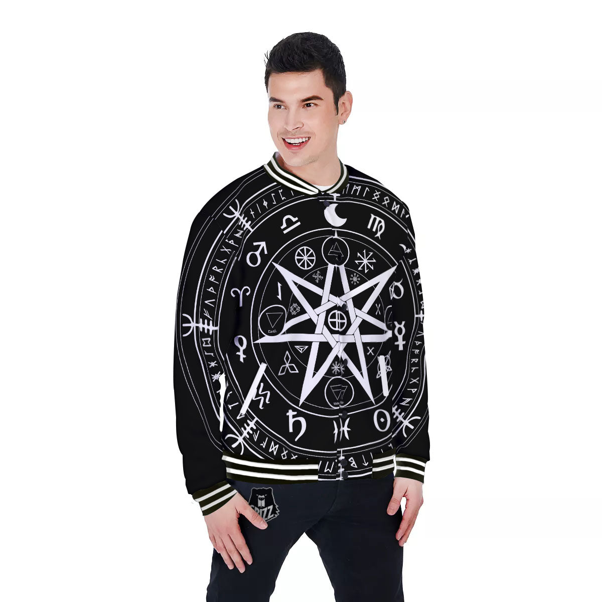 Wiccan Mystic White And Black Print Baseball Jacket-grizzshop