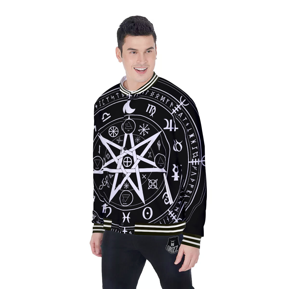 Wiccan Mystic White And Black Print Baseball Jacket-grizzshop