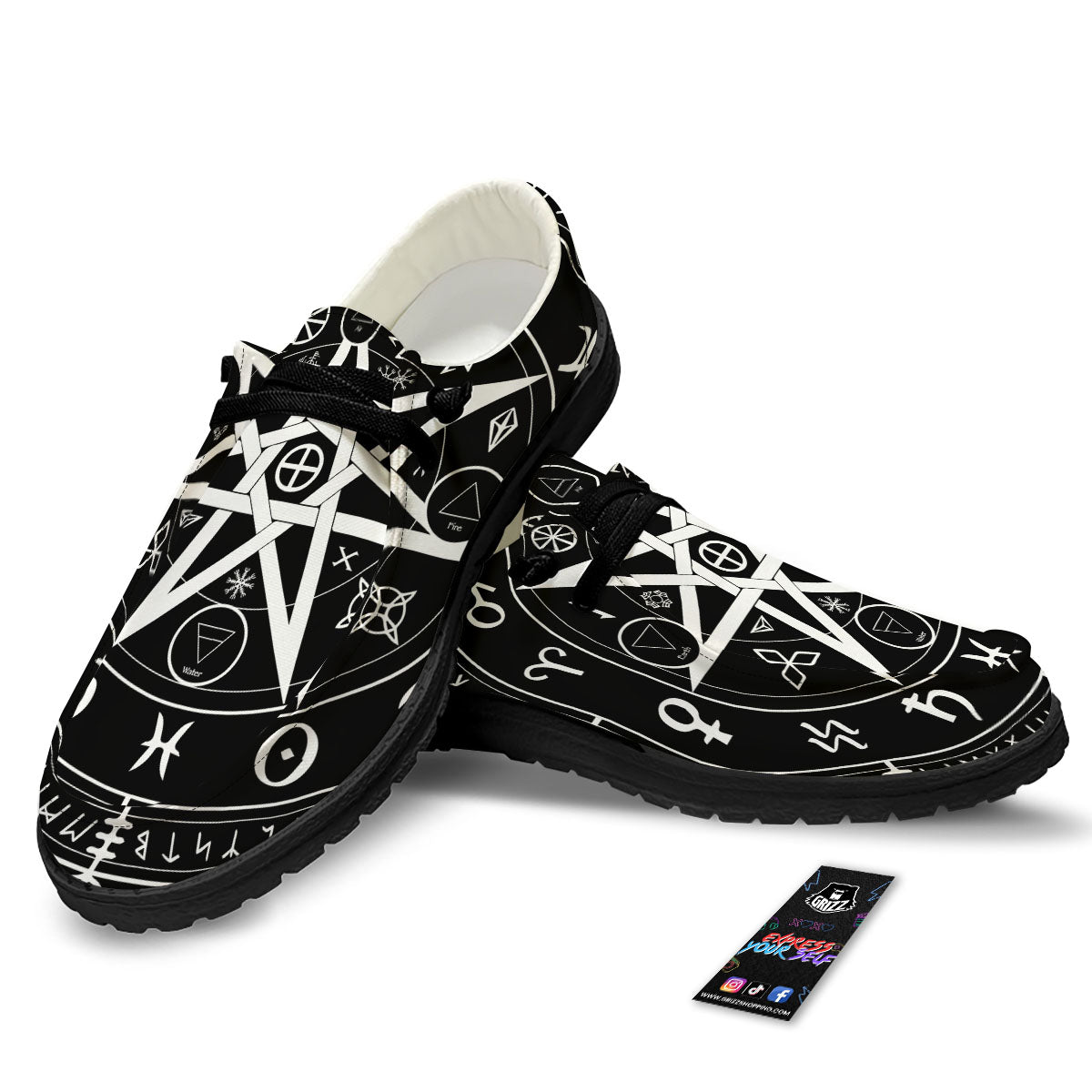 Wiccan Mystic White And Black Print Black Loafers-grizzshop