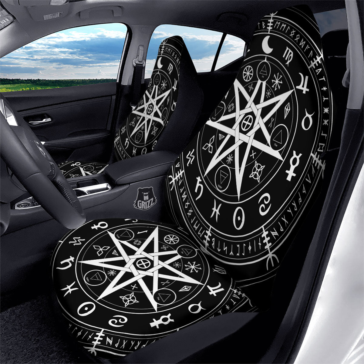 Wiccan Mystic White And Black Print Car Seat Covers-grizzshop