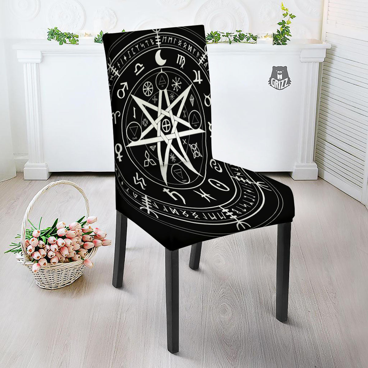 Wiccan Mystic White And Black Print Dining Chair Slipcover-grizzshop