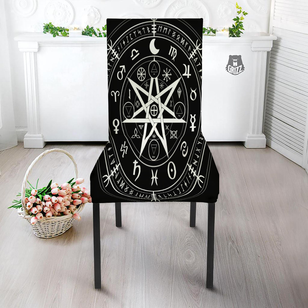 Wiccan Mystic White And Black Print Dining Chair Slipcover-grizzshop