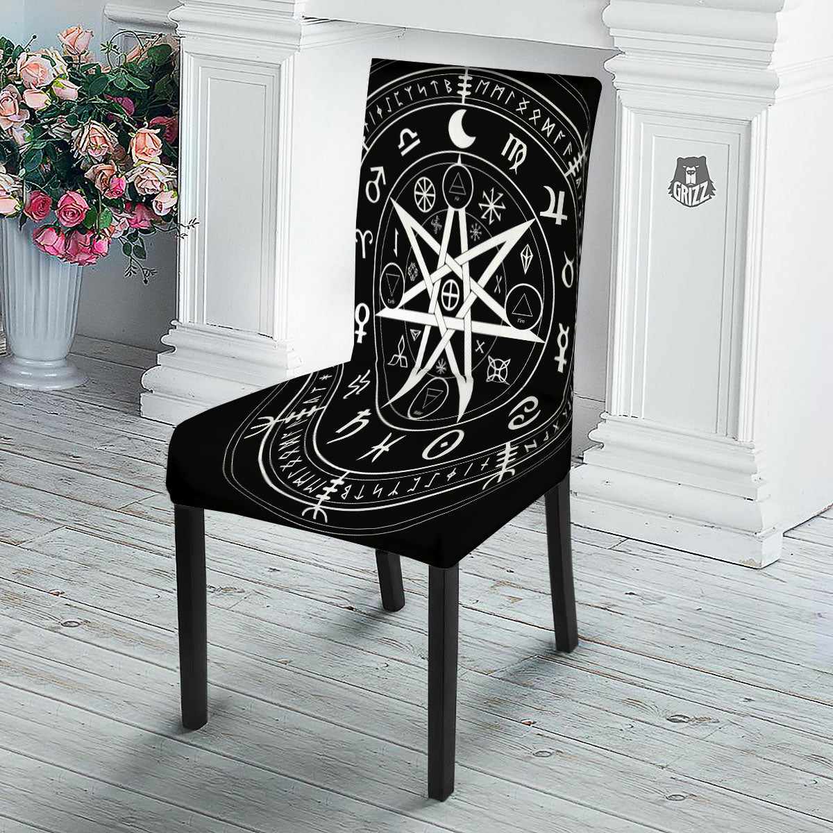 Wiccan Mystic White And Black Print Dining Chair Slipcover-grizzshop