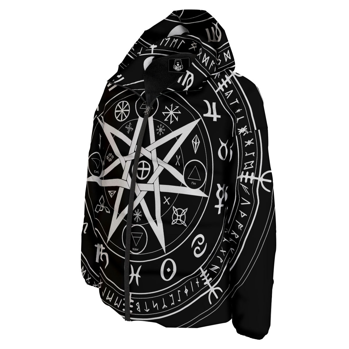 Wiccan Mystic White And Black Print Down Jacket-grizzshop