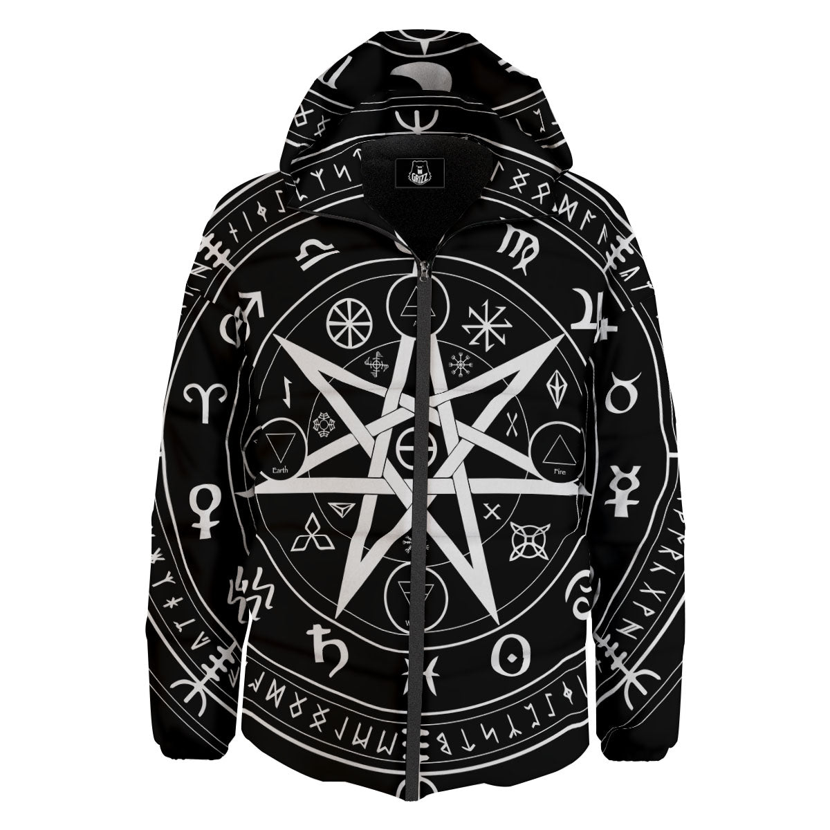 Wiccan Mystic White And Black Print Down Jacket-grizzshop