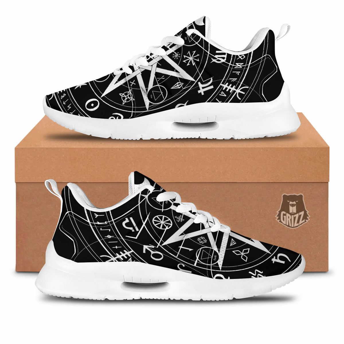Wiccan Mystic White And Black Print Tennis Shoes-grizzshop