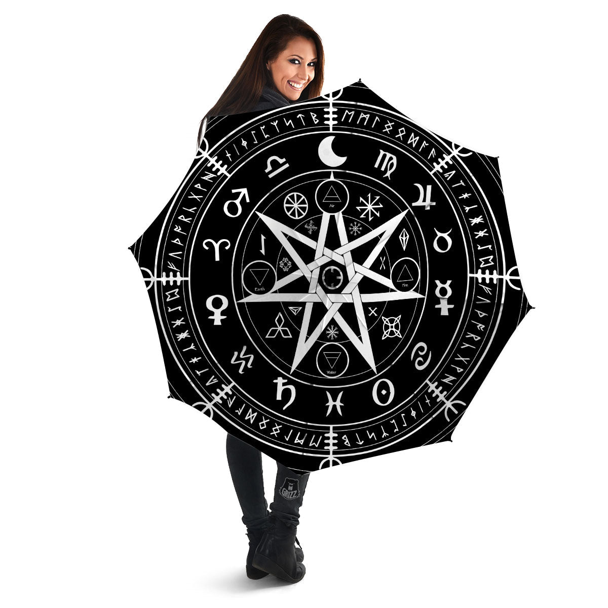 Wiccan Mystic White And Black Print Umbrella-grizzshop