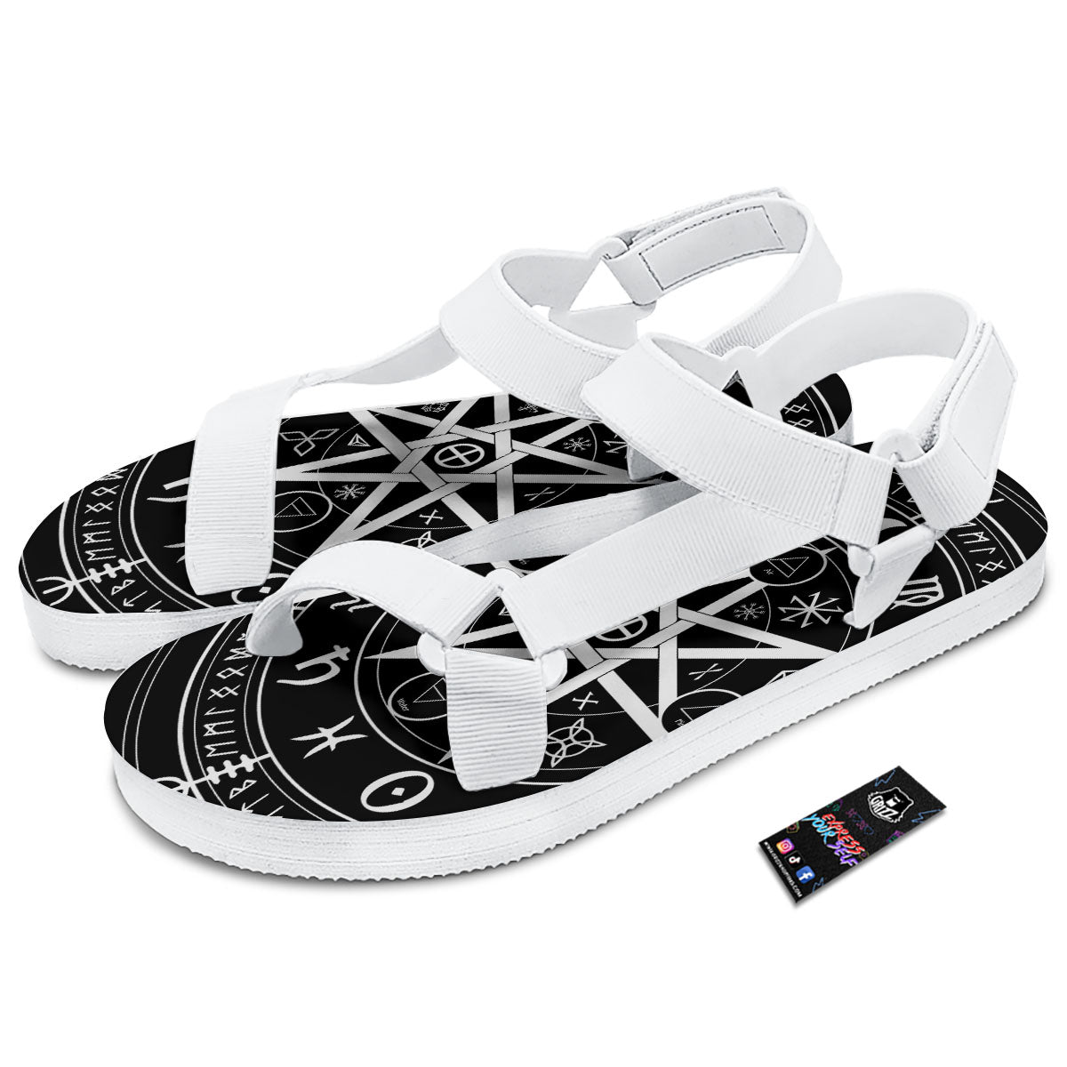Wiccan Mystic White And Black Print White Open Toe Sandals-grizzshop