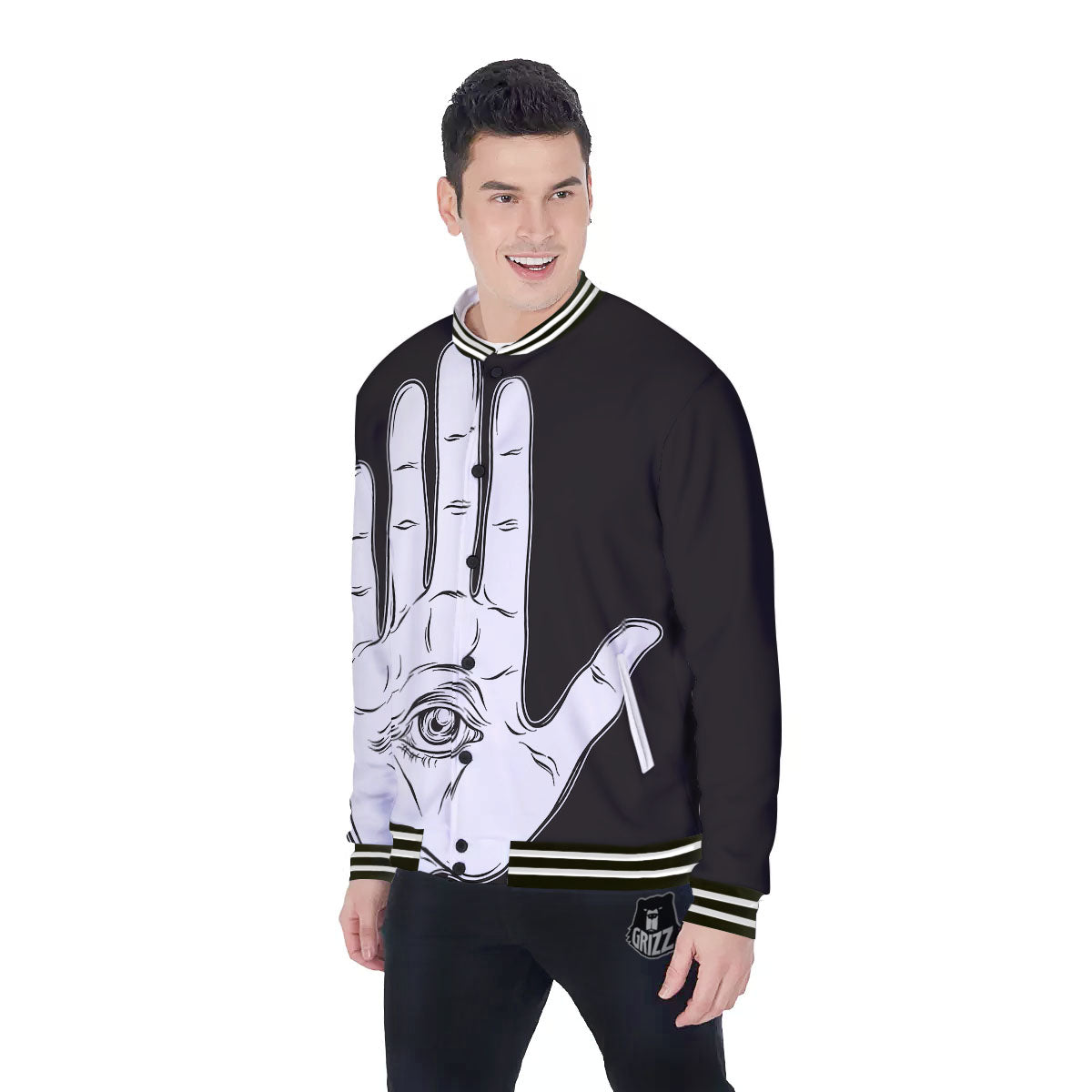 Wiccan Palmistry White And Black Print Baseball Jacket-grizzshop