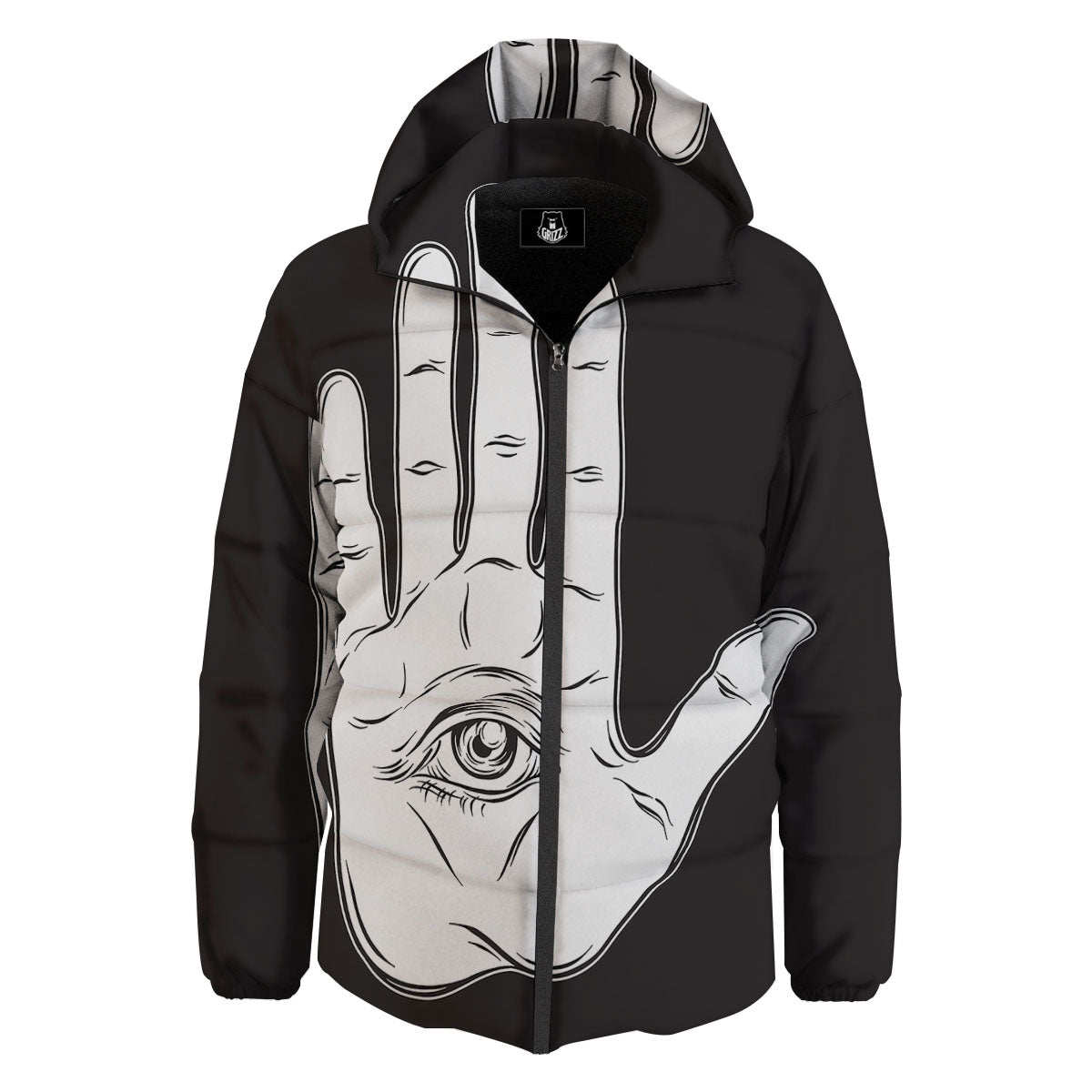 Wiccan Palmistry White And Black Print Down Jacket-grizzshop