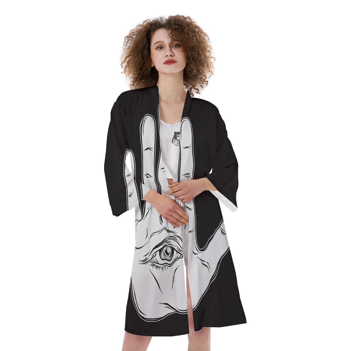 Wiccan Palmistry White And Black Print Kimono-grizzshop