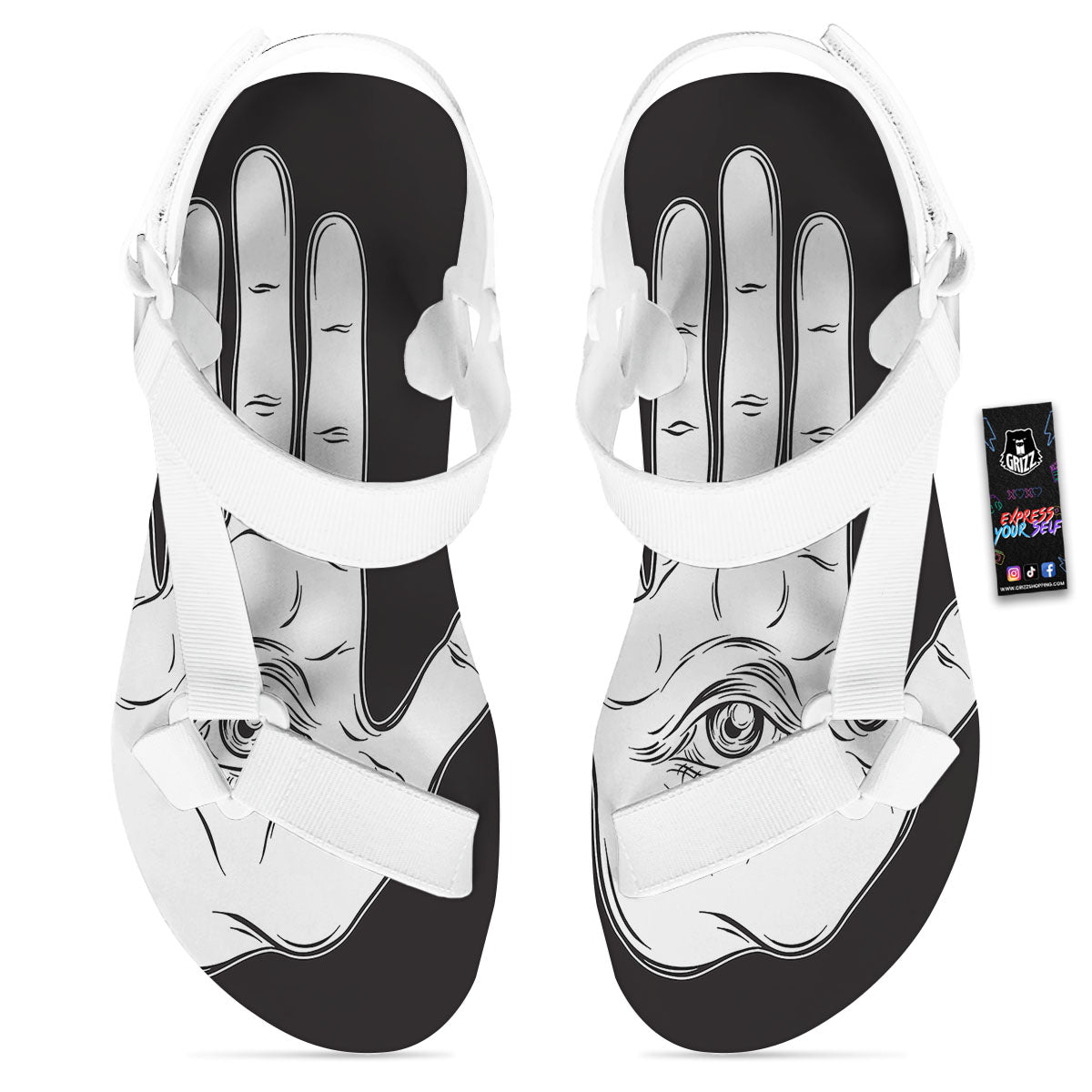Wiccan Palmistry White And Black Print White Open Toe Sandals-grizzshop