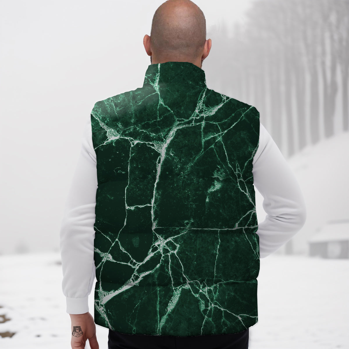 White And Dark Green Marble Texture Print Down Vest
