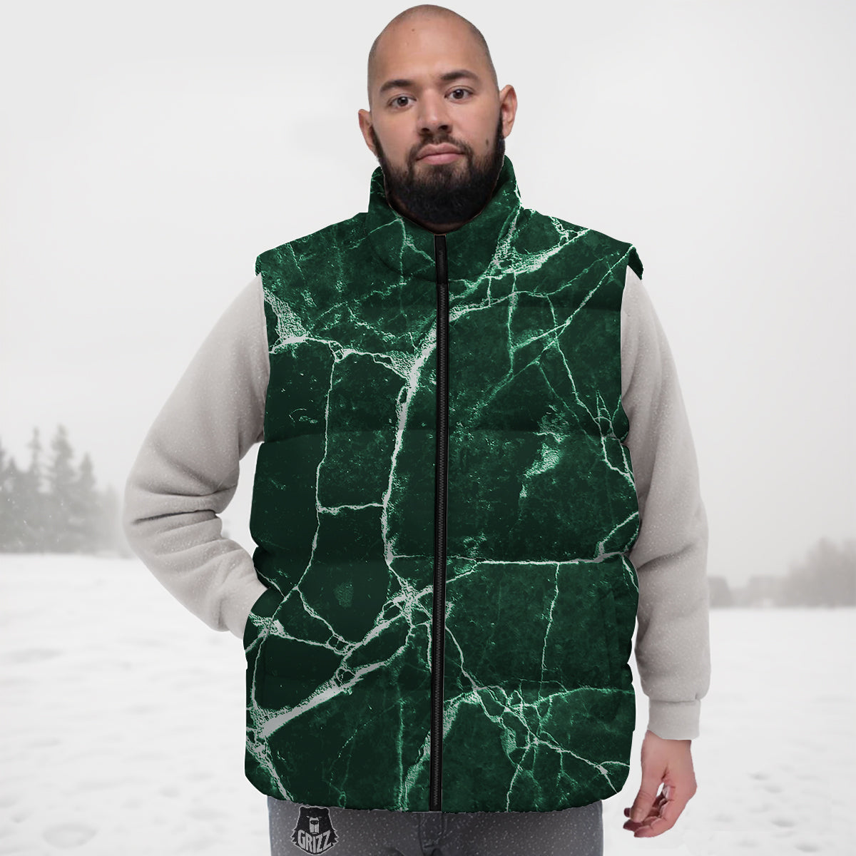 White And Dark Green Marble Texture Print Down Vest
