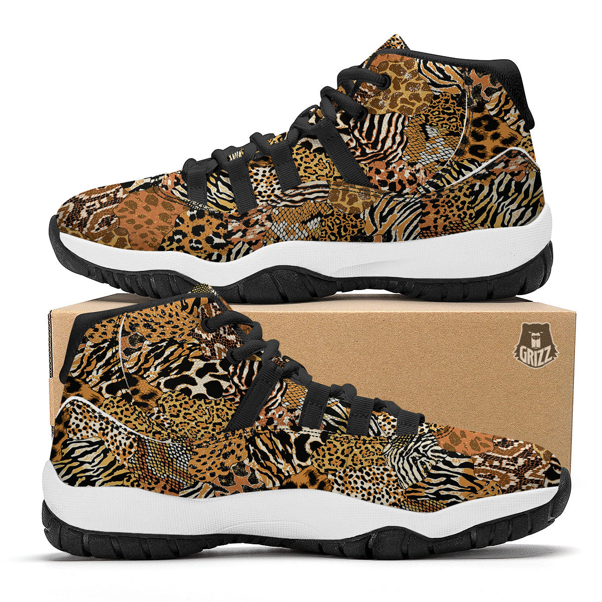 Wild Animal Skins Patchwork Print Pattern Black Bball Shoes-grizzshop