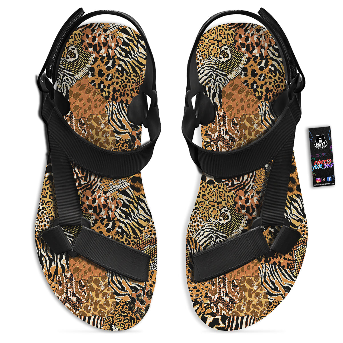 Wild Animal Skins Patchwork Print Pattern Black Open Toe Sandals-grizzshop