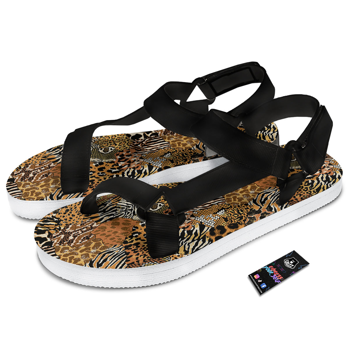Wild Animal Skins Patchwork Print Pattern Black Open Toe Sandals-grizzshop
