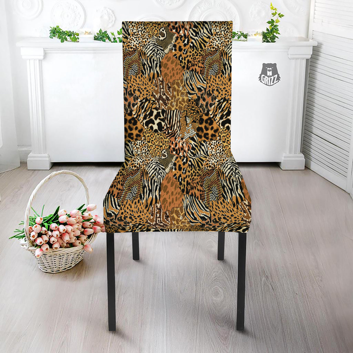 Wild Animal Skins Patchwork Print Pattern Dining Chair Slipcover-grizzshop