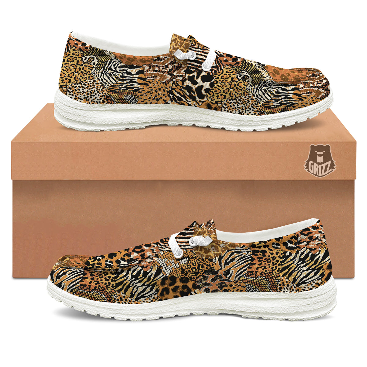 Wild Animal Skins Patchwork Print Pattern White Loafers-grizzshop