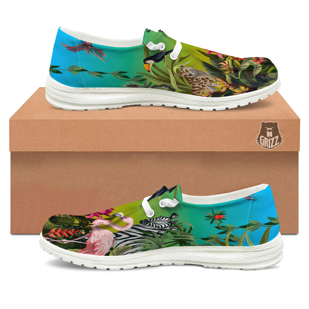 Wild Animals Jungle Print White Loafers-grizzshop