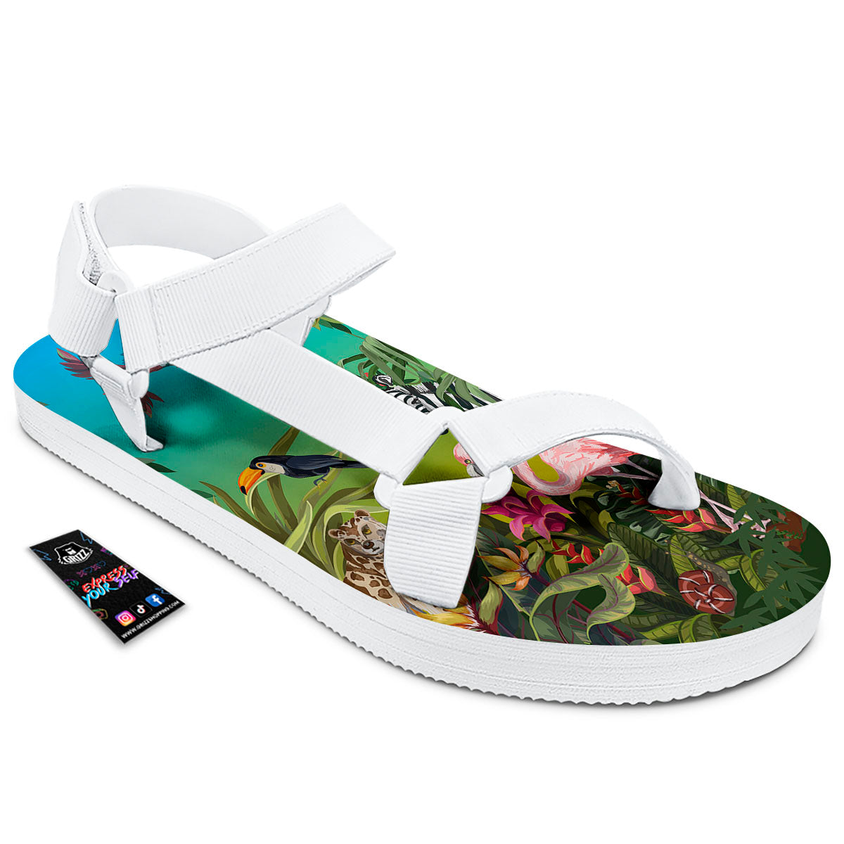 Wild Animals Jungle Print White Open Toe Sandals-grizzshop