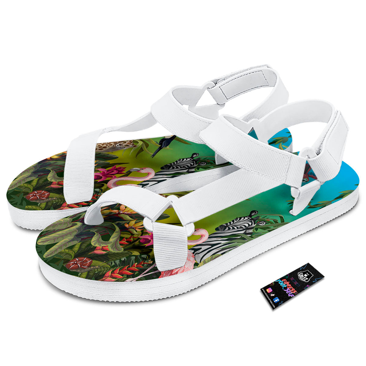 Wild Animals Jungle Print White Open Toe Sandals-grizzshop