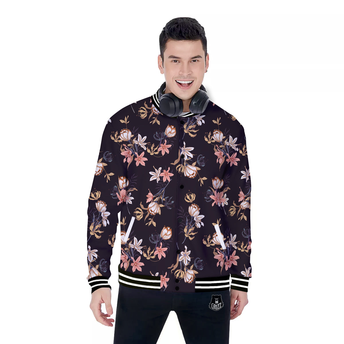 Wild Flower Print Pattern Baseball Jacket-grizzshop