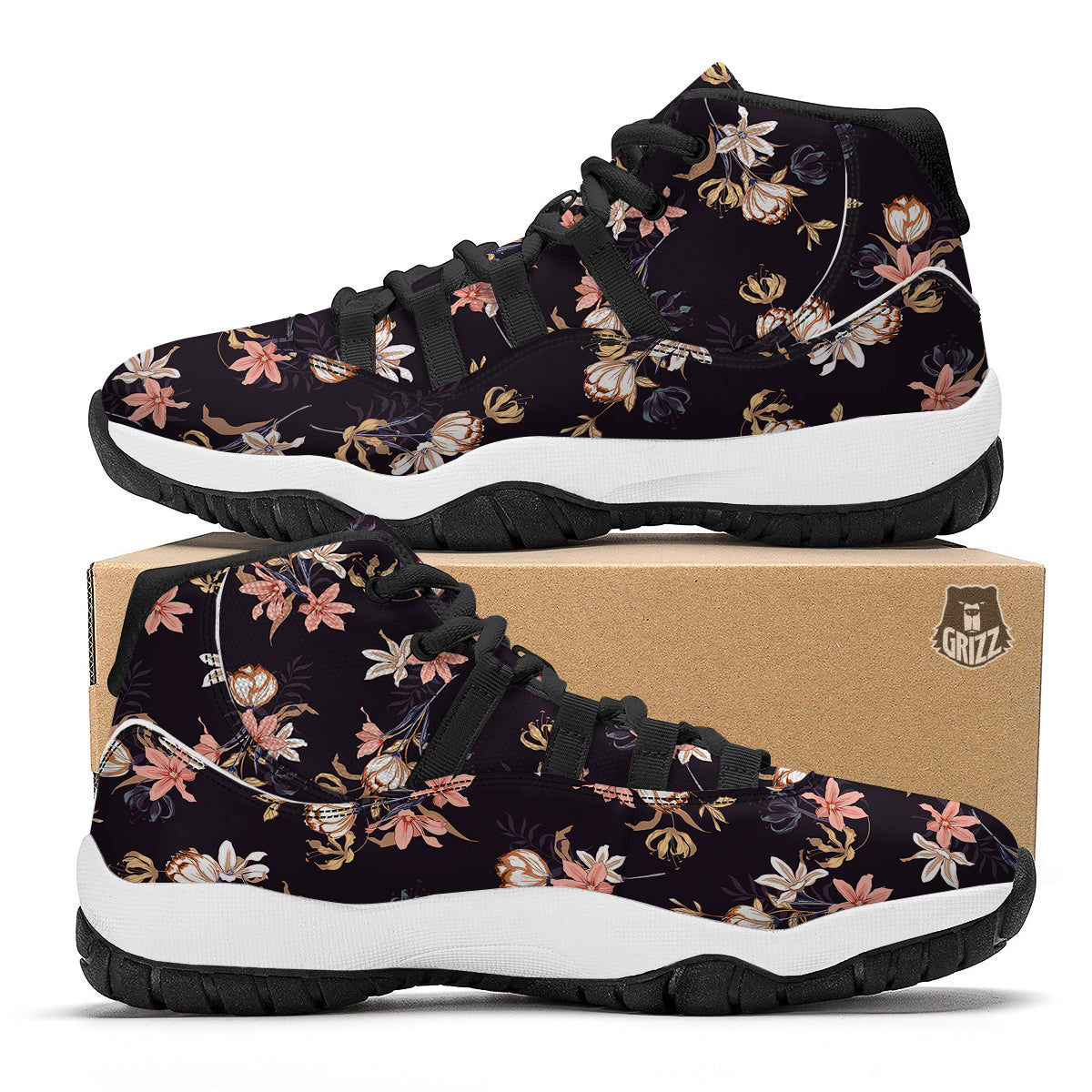 Wild Flower Print Pattern Black Bball Shoes-grizzshop