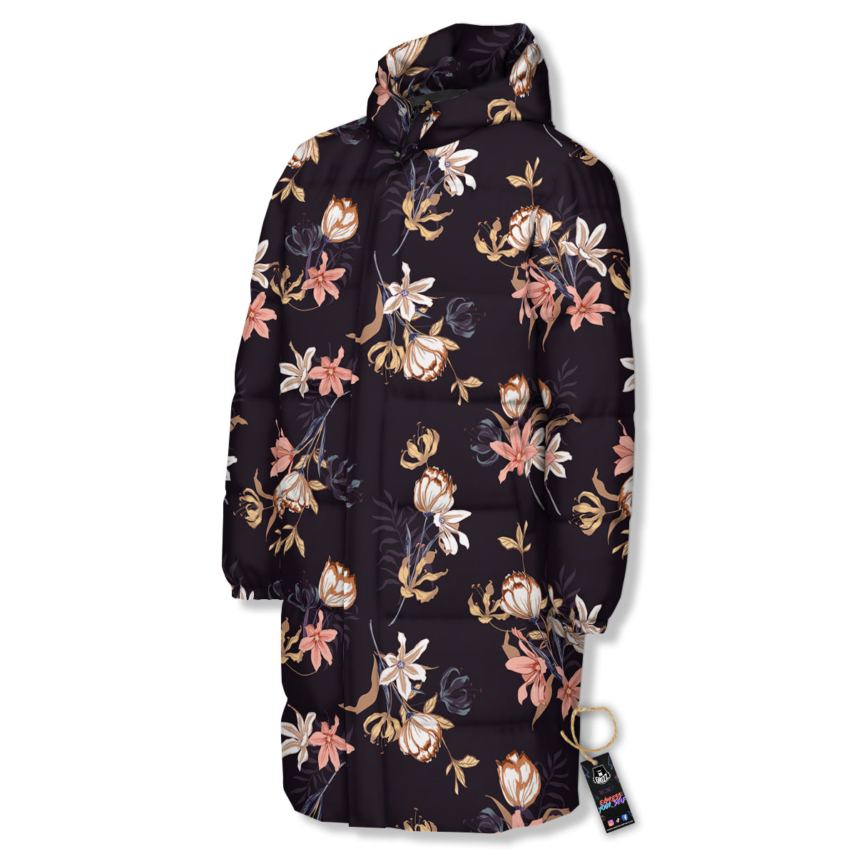 Wild Flower Print Pattern Long Down Jacket-grizzshop