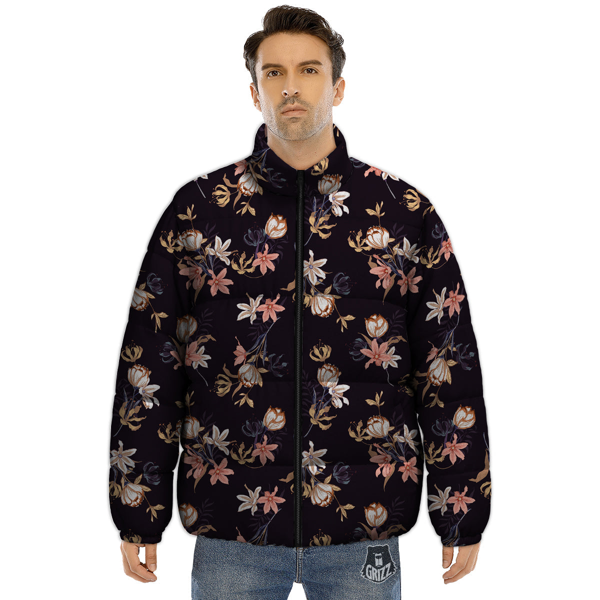 Wild Flower Print Pattern Puffer Jacket-grizzshop