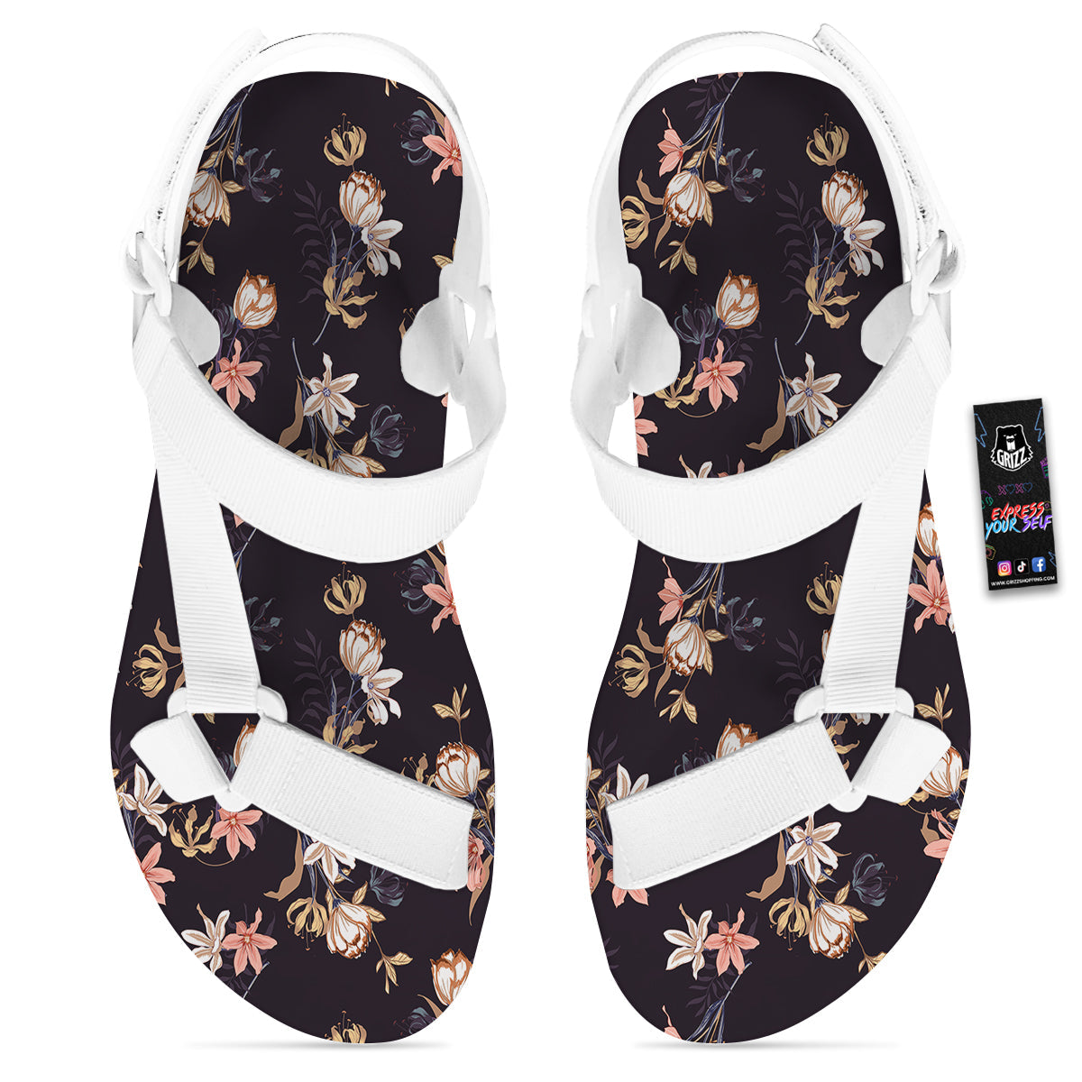 Wild Flower Print Pattern White Open Toe Sandals-grizzshop
