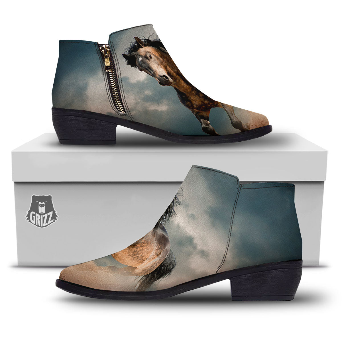 Wild Horses Running Print Ankle Boots-grizzshop