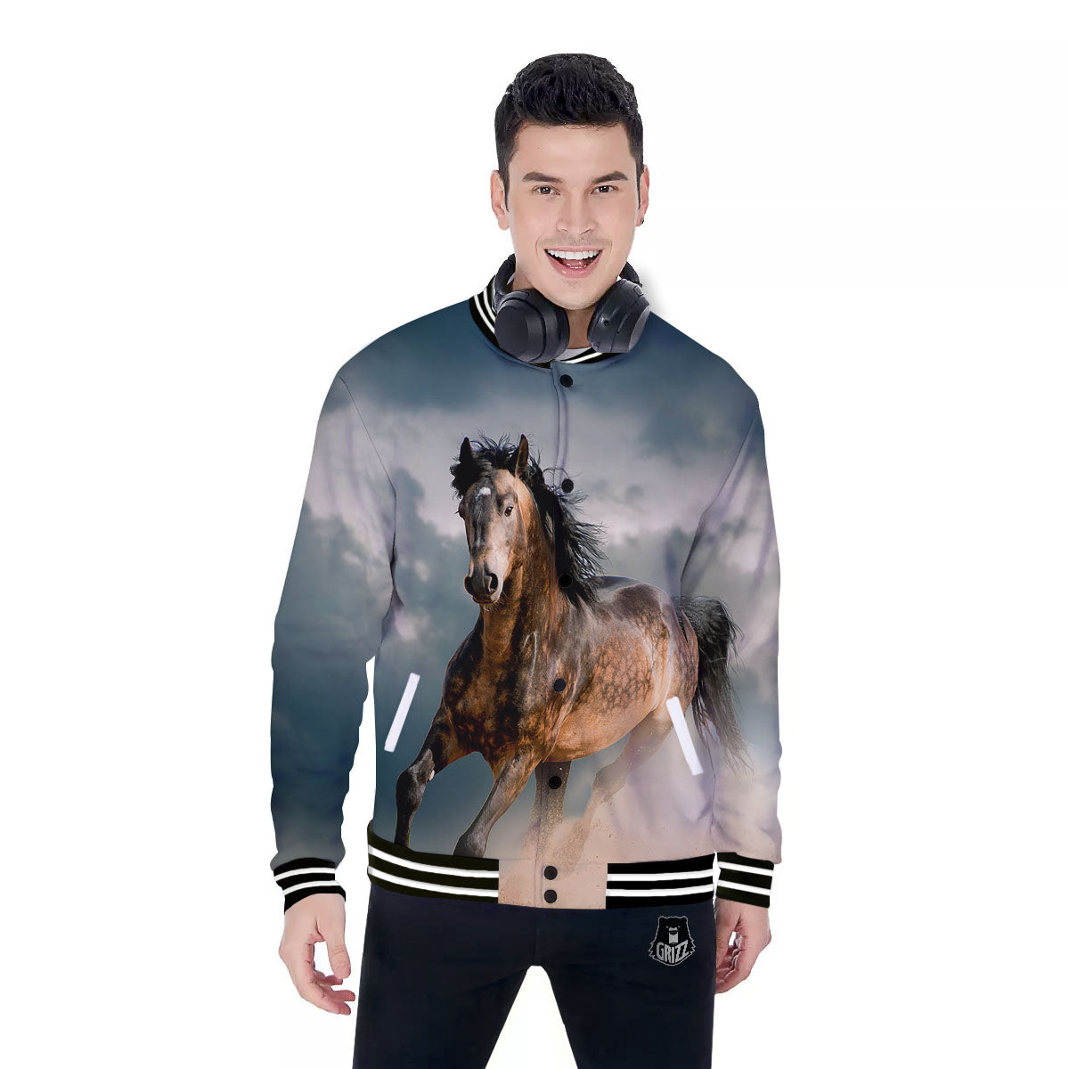 Wild Horses Running Print Baseball Jacket-grizzshop