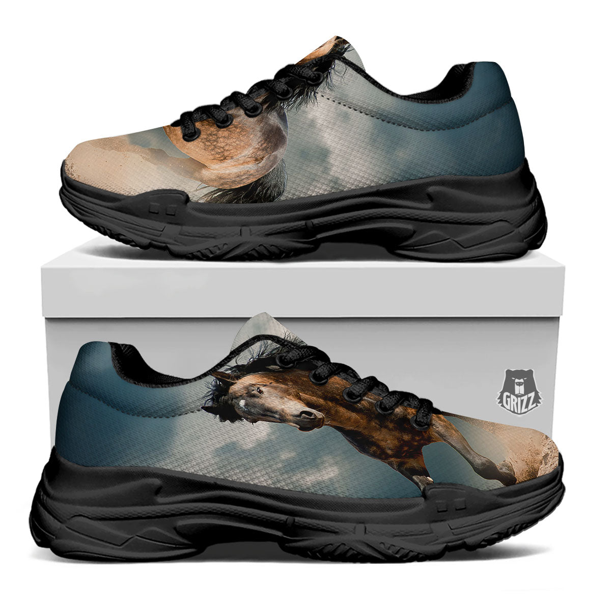 Wild Horses Running Print Black Chunky Shoes-grizzshop