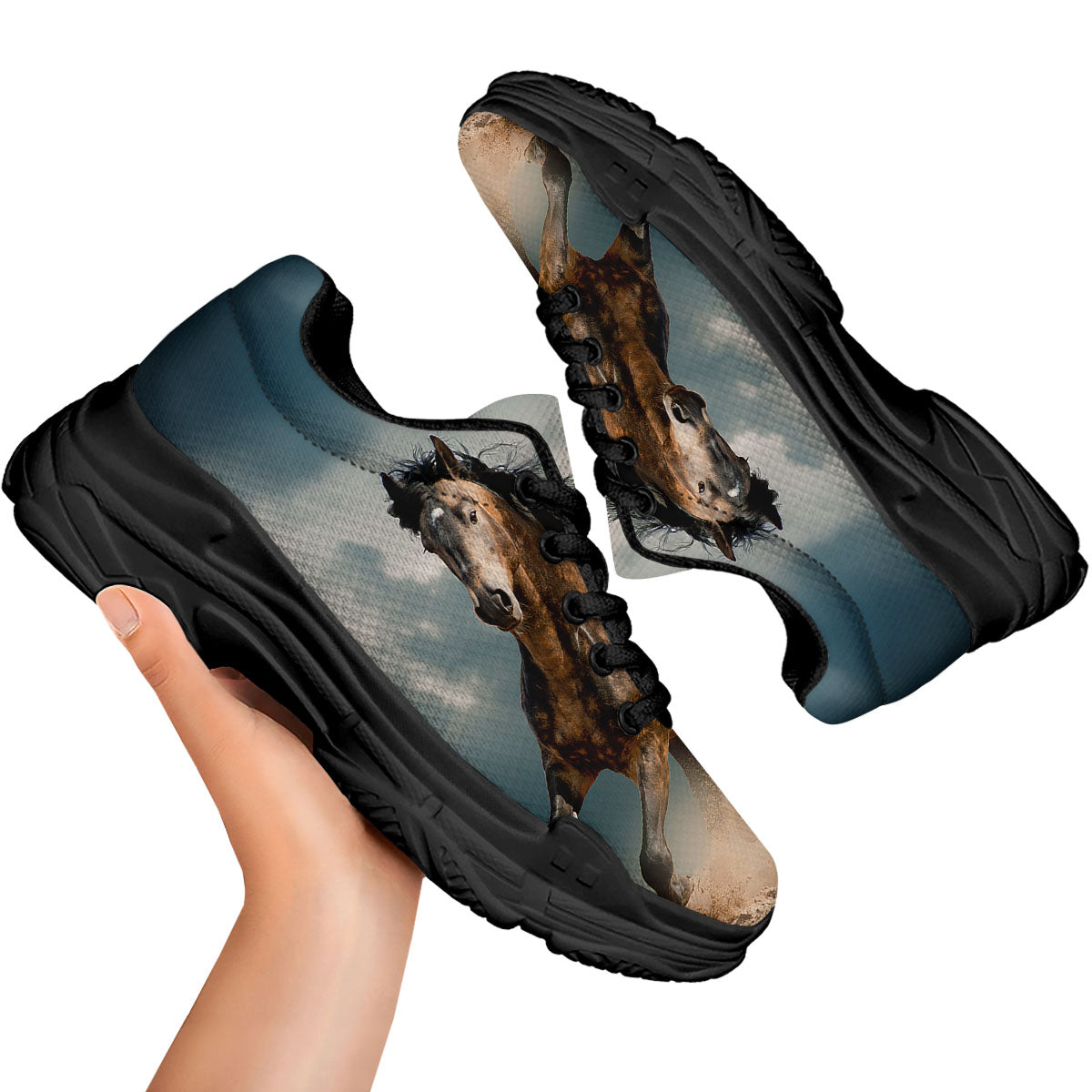 Wild Horses Running Print Black Chunky Shoes-grizzshop