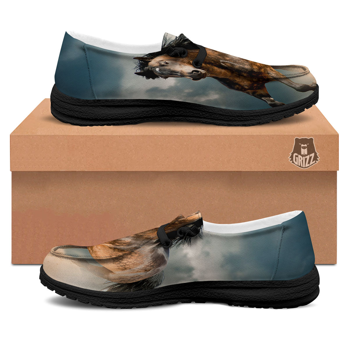 Wild Horses Running Print Black Loafers-grizzshop