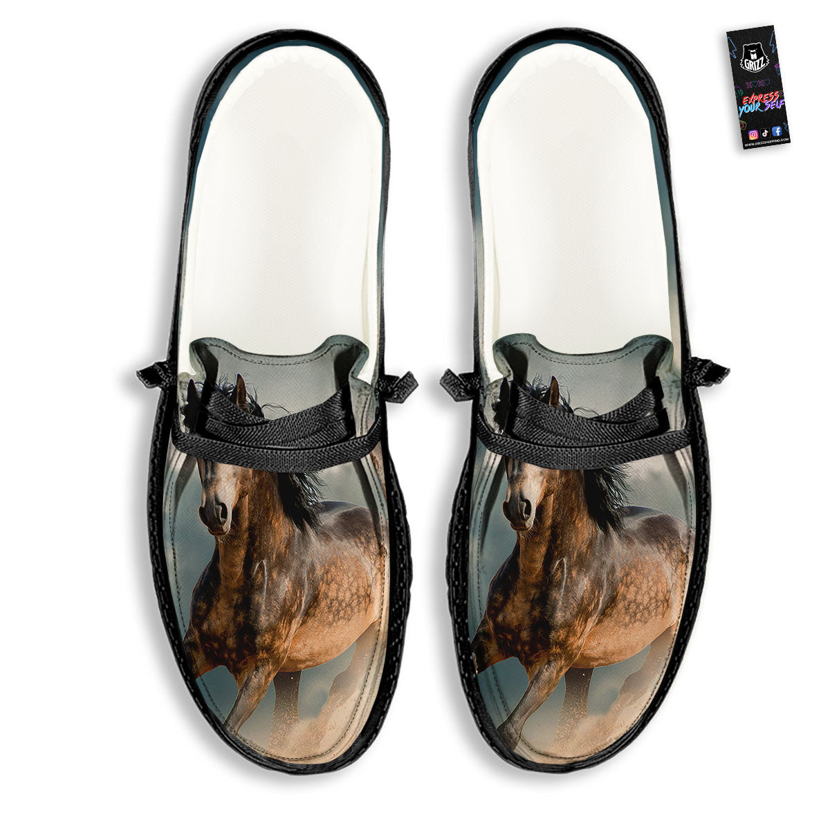 Wild Horses Running Print Black Loafers-grizzshop