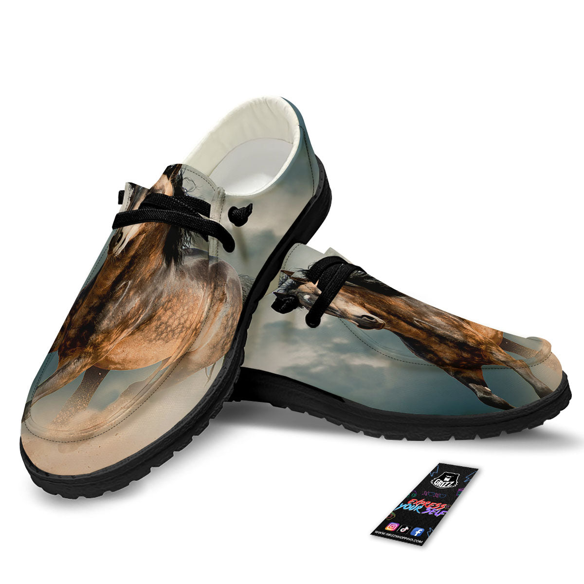 Wild Horses Running Print Black Loafers-grizzshop