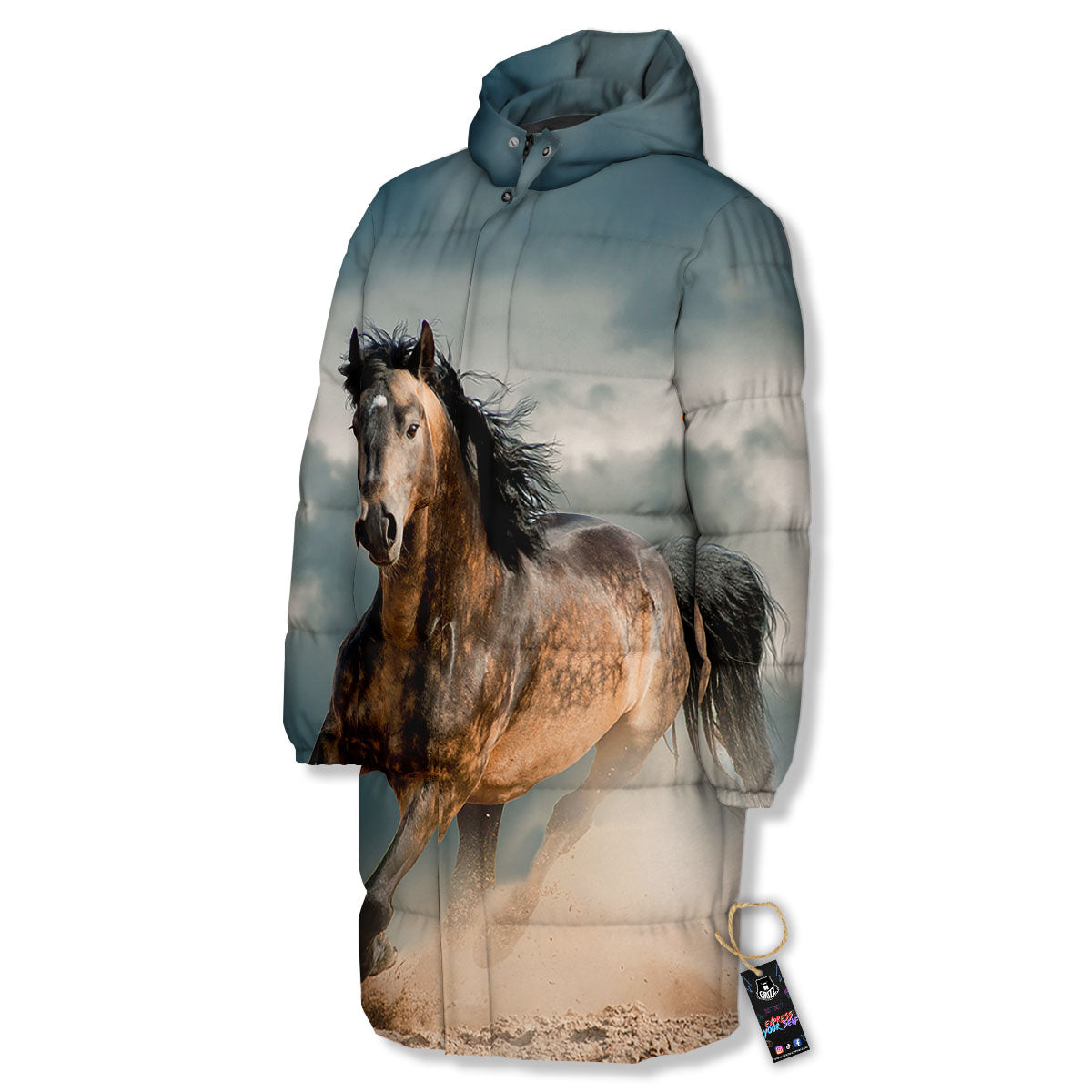 Wild Horses Running Print Long Down Jacket-grizzshop