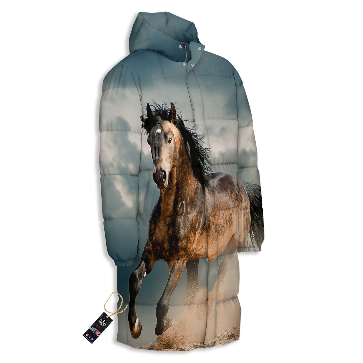 Wild Horses Running Print Long Down Jacket-grizzshop