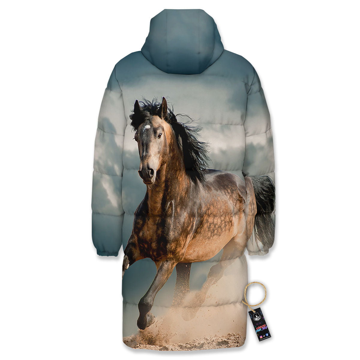 Wild Horses Running Print Long Down Jacket-grizzshop