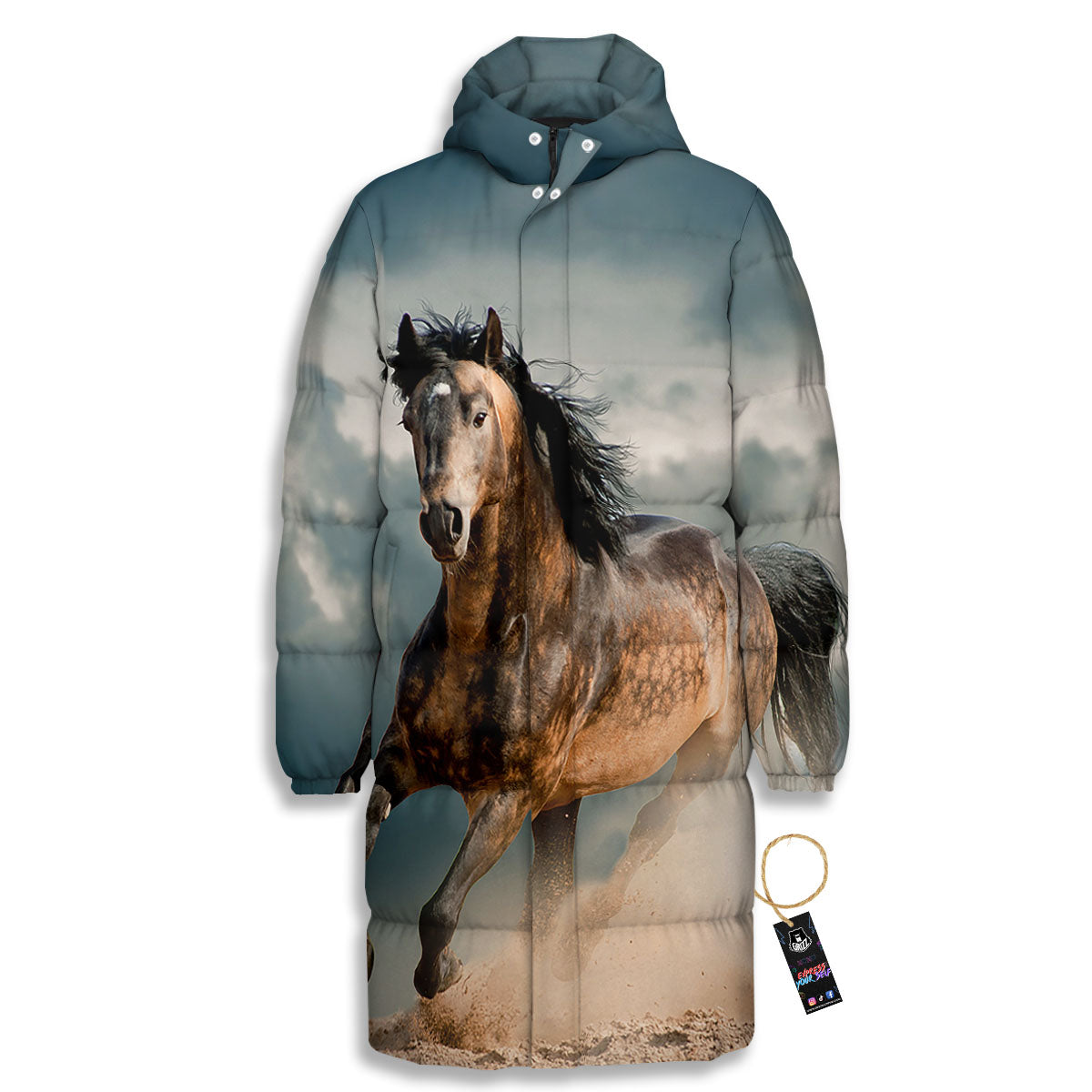 Wild Horses Running Print Long Down Jacket-grizzshop