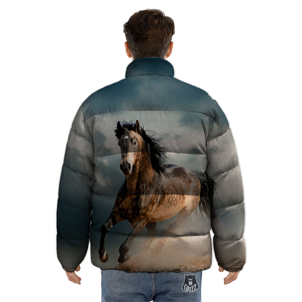 Wild Horses Running Print Puffer Jacket-grizzshop