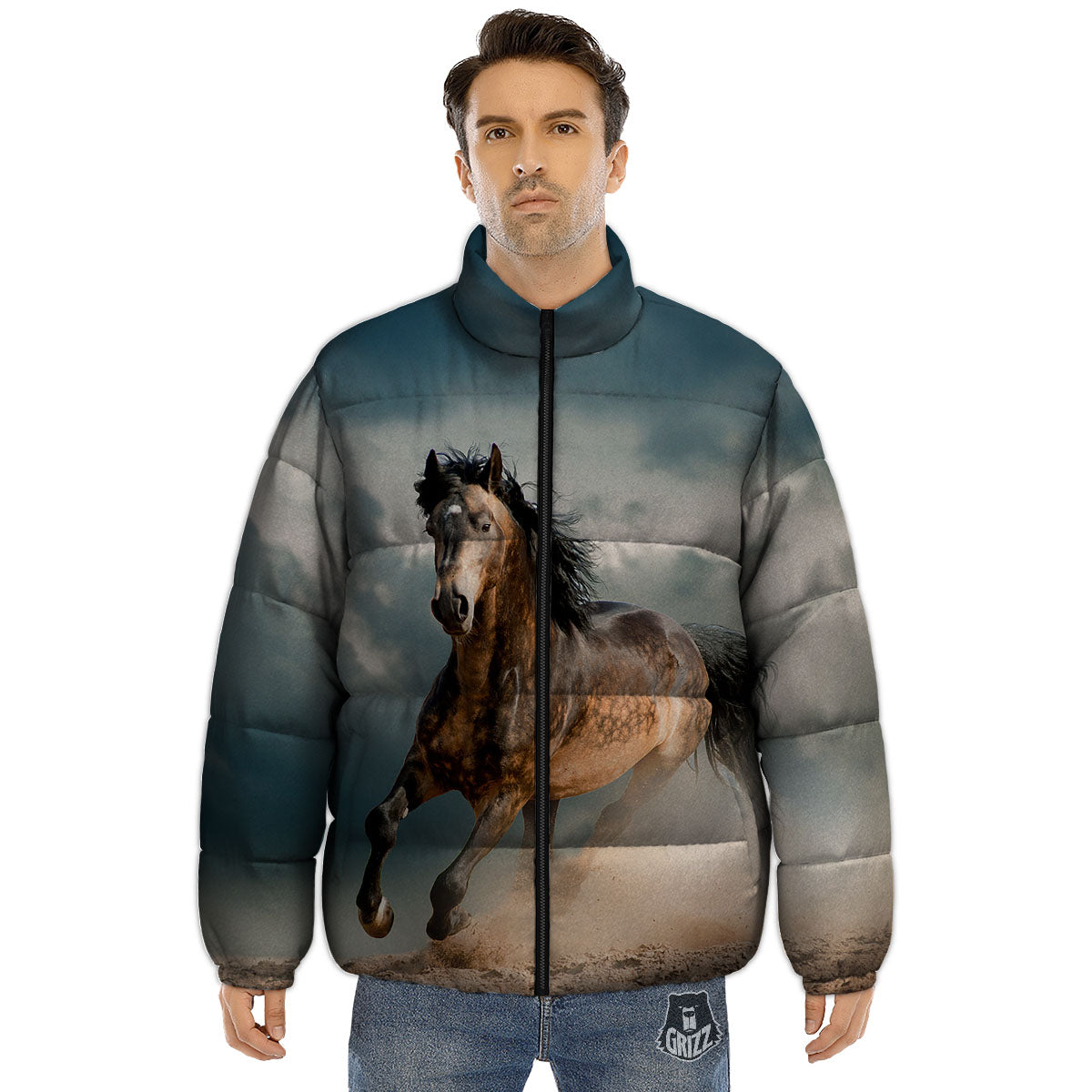 Wild Horses Running Print Puffer Jacket-grizzshop