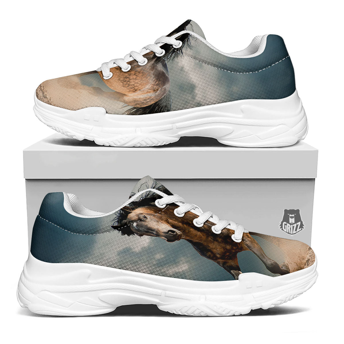 Wild Horses Running Print White Chunky Shoes-grizzshop