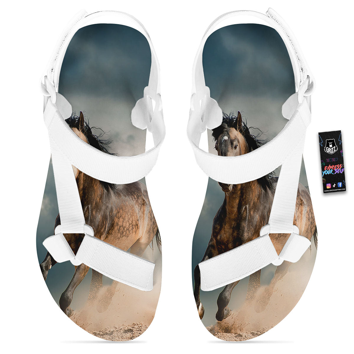 Wild Horses Running Print White Open Toe Sandals-grizzshop