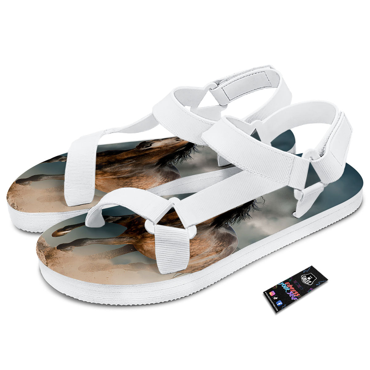 Wild Horses Running Print White Open Toe Sandals-grizzshop