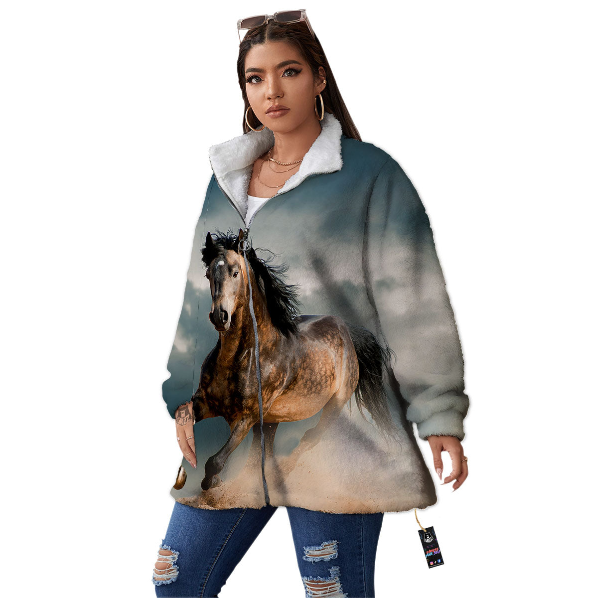 Wild Horses Running Print Women's Sherpa Jacket-grizzshop
