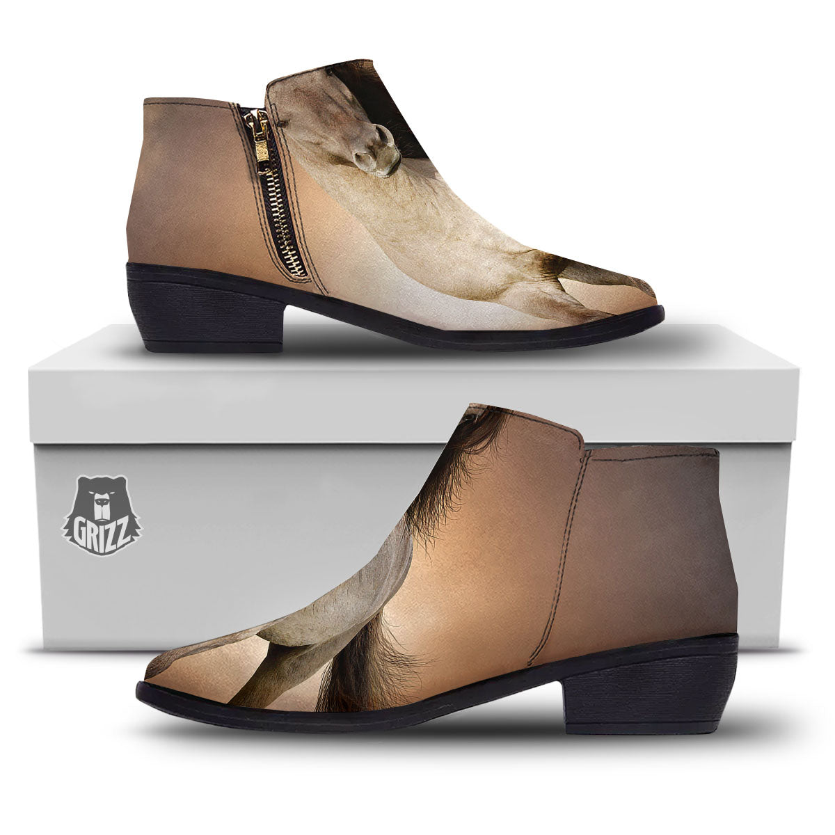 Wild Stallion Horse Running Print Ankle Boots-grizzshop