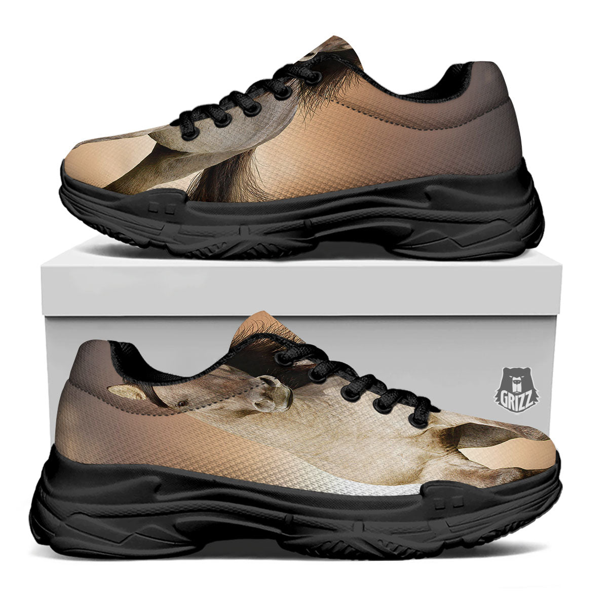 Wild Stallion Horse Running Print Black Chunky Shoes-grizzshop